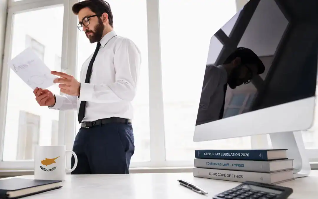 Accountant in Cyprus reviewing compliance documents at a desk with the ICPAC Code of Ethics, Cyprus Tax Legislation 2026 and Companies Law – Cyprus, representing how to choose a regulated accountant in Cyprus